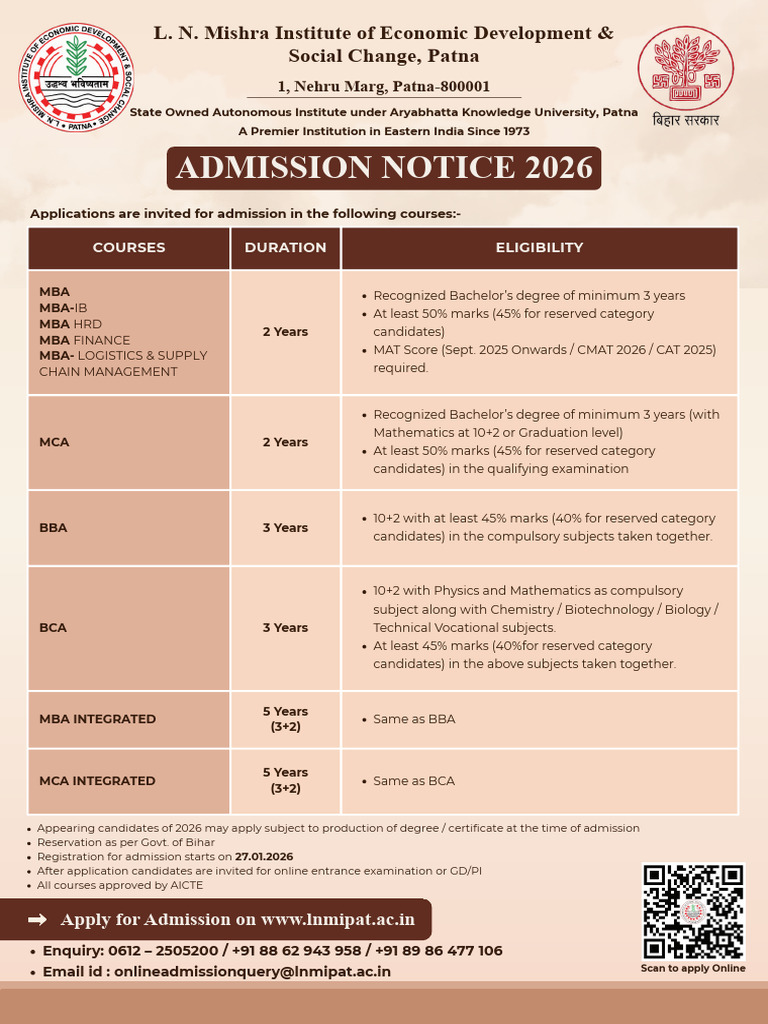 LNMI Admission Notice 2026 | PDF | Educational Stages | Qualifications