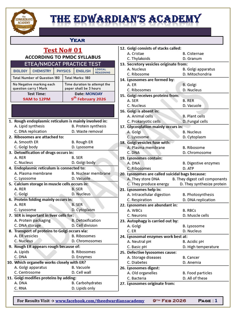 Test No. 01 (9th Feb 2026) | PDF | Endoplasmic Reticulum | Cell (Biology)