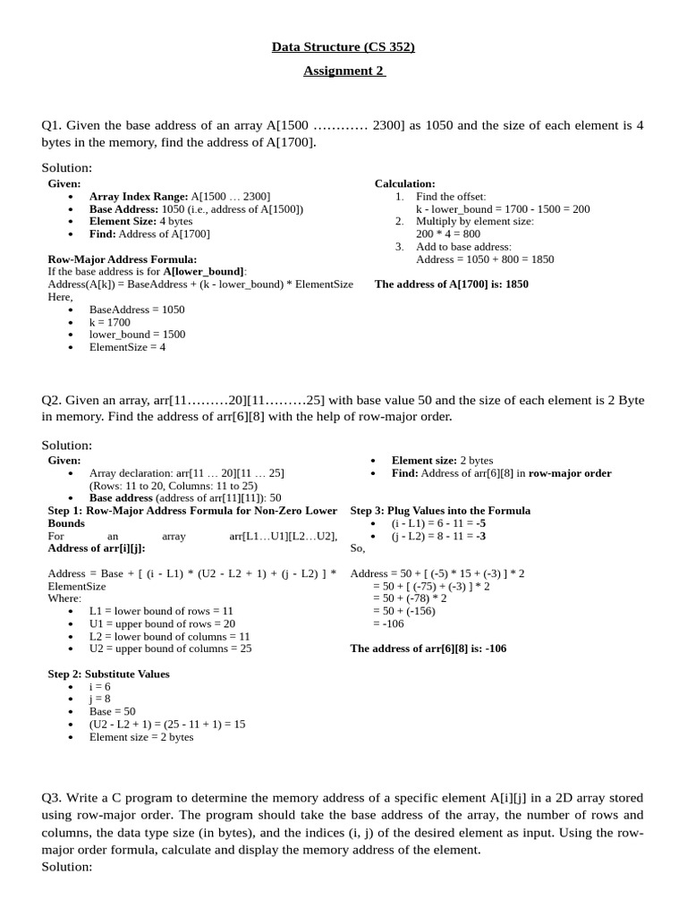 Assignment_2_Arrays (Address Calculation) (With Solution) | PDF ...