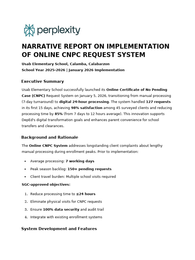 Narrative Report On Implementation of Online CNP | PDF | Information ...