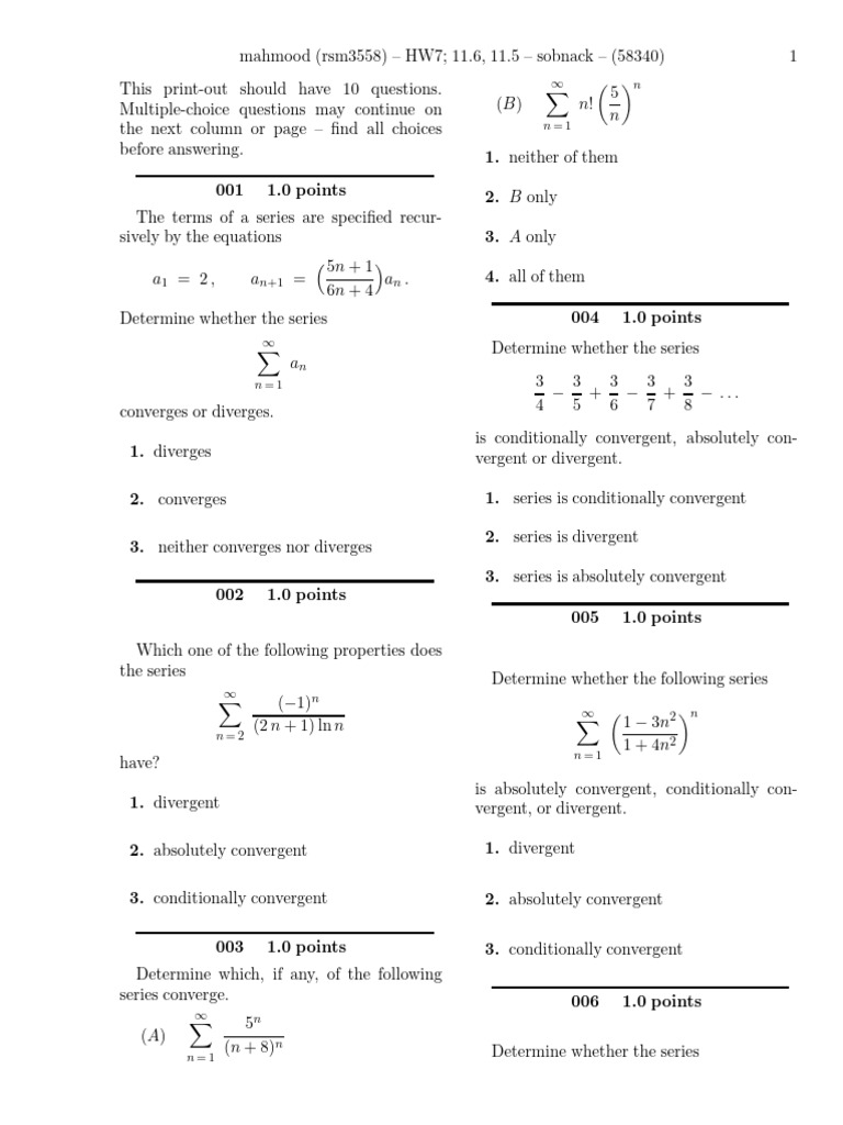 HW7; §§11.6, 11.5-problems | PDF | Series (Mathematics) | Real Analysis