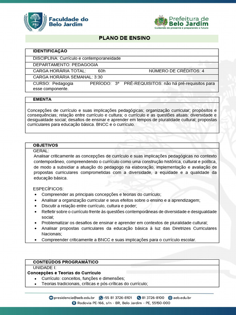 Plano de Ensino - Currículo e Contemporaneidade | PDF | Pedagogia ...