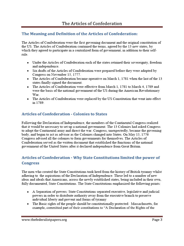 Articles of Confederacy (Excerpts) | PDF | United States Congress ...