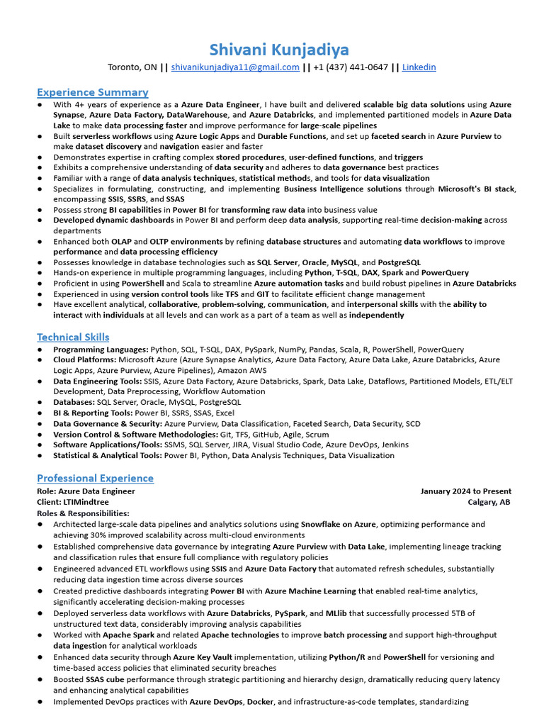 Azure Data Engineer - Shivani Kunjadiya - Resume | PDF | Microsoft ...