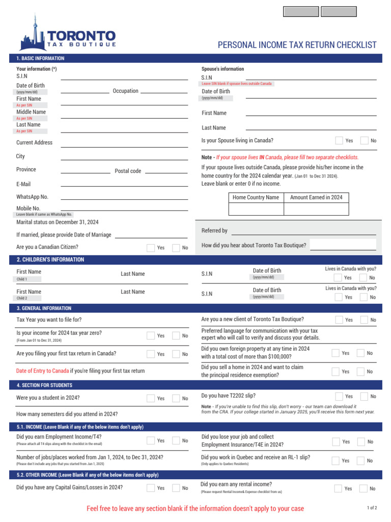 2024 Tax Checklist - Toronto Tax Boutique | PDF | Tax Refund | Expense