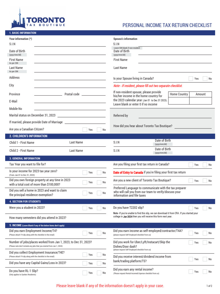 2023 Tax Checklist - Toronto Tax Boutique - Updated | PDF | Tax Refund ...