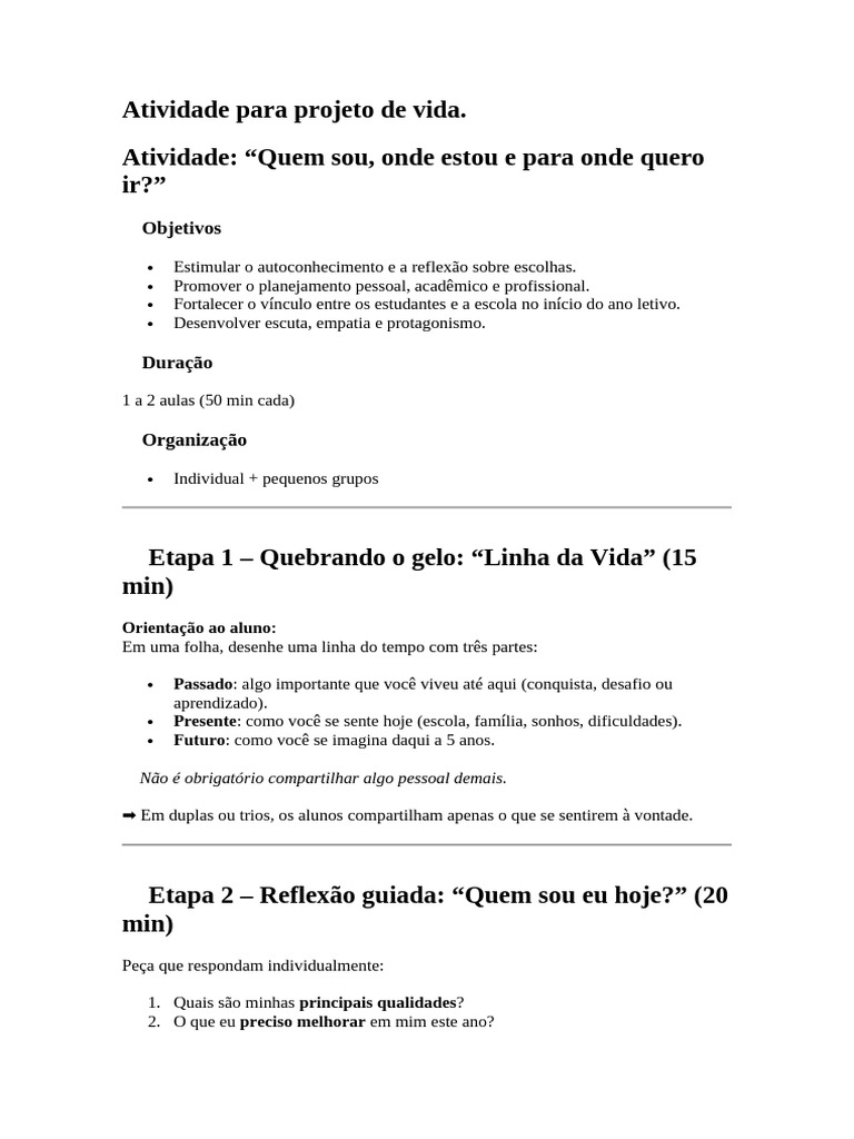 Atividade para Projeto de Vida 1 Bimestre 2026 | PDF