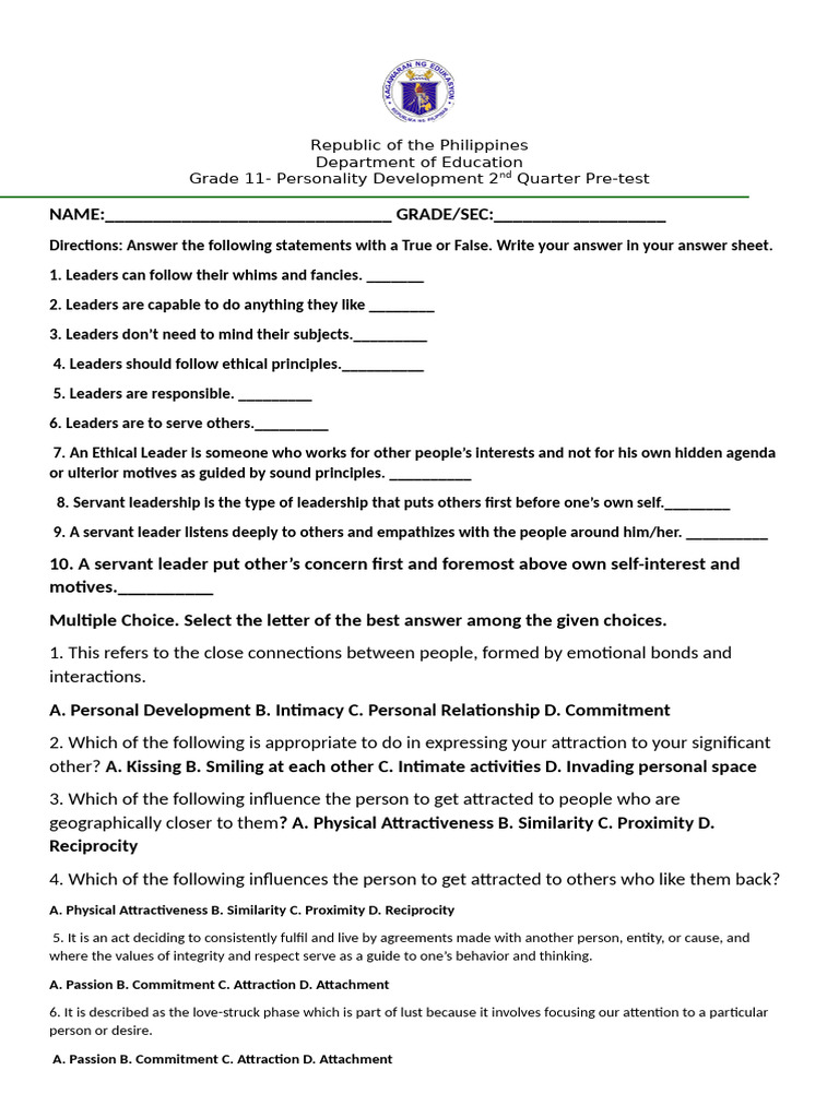 Perdev - 2nd q Pretest | PDF | Love | Intimate Relationships