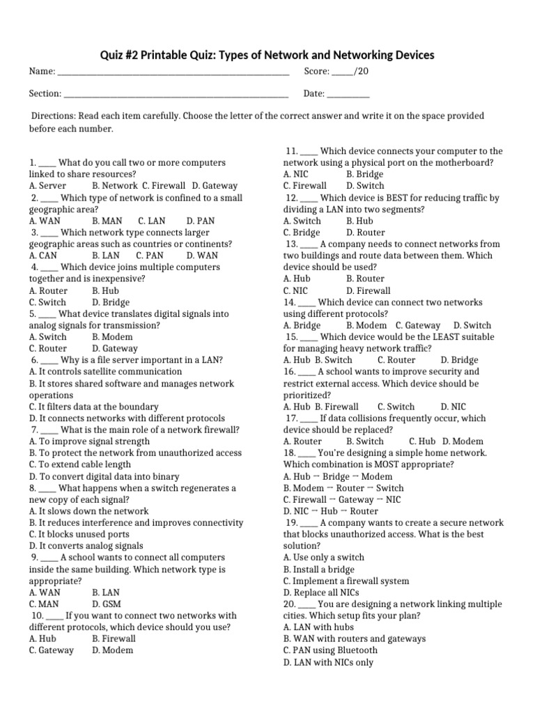 3rd QTR Printable Quiz Types of Networks | PDF | Computer Network ...