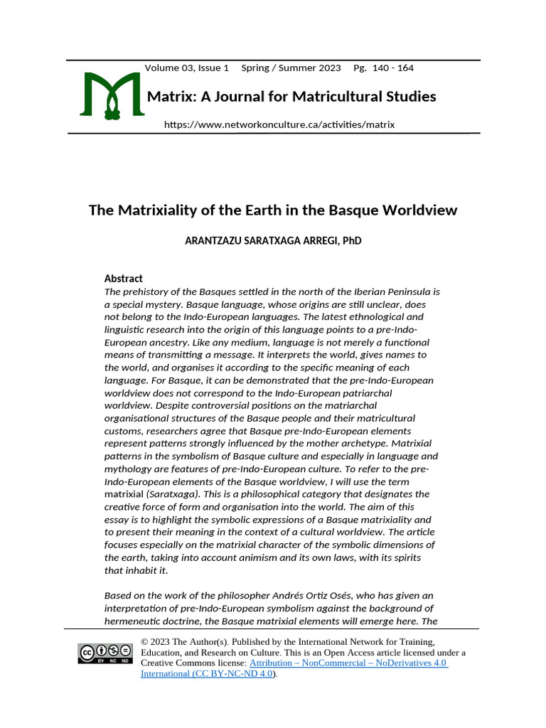 Saratxaga Arregi Matrixiality of The Earth in The Basque Worldview ...