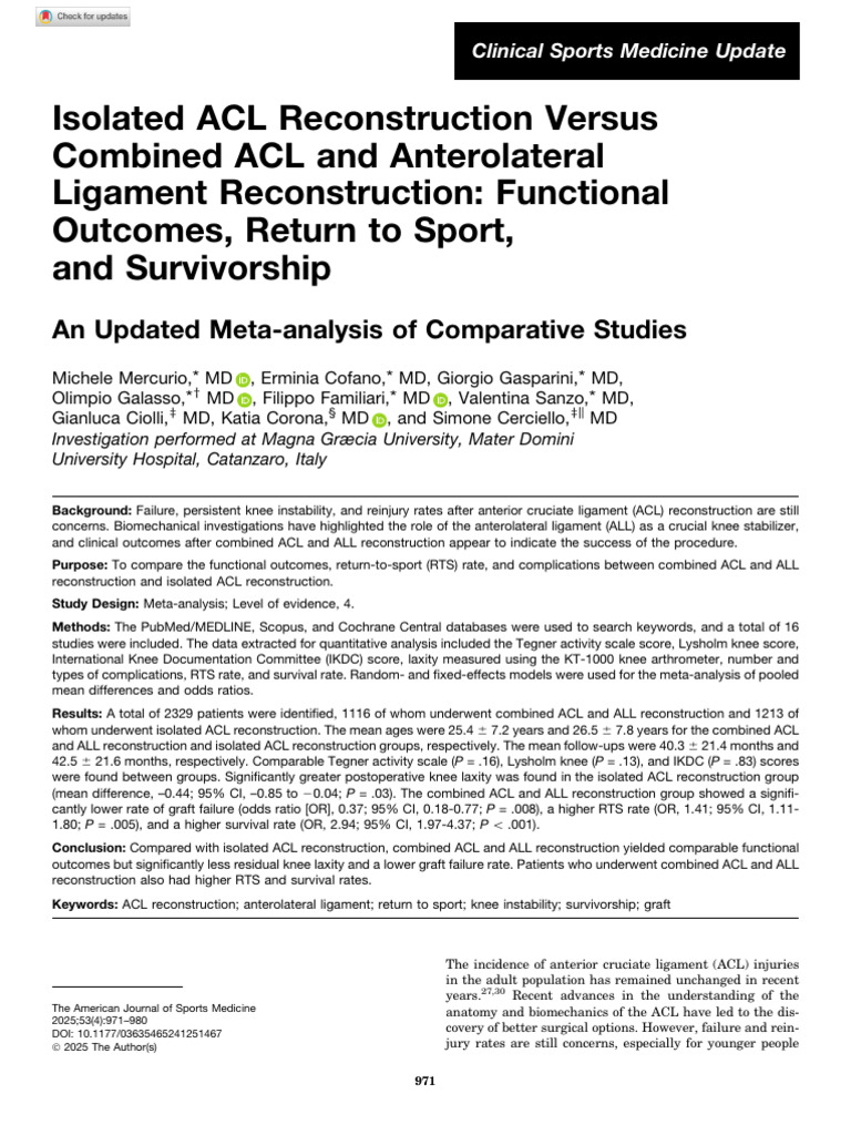 Mercurio Et Al 2025 Isolated Acl Reconstruction Versus Combined | PDF ...