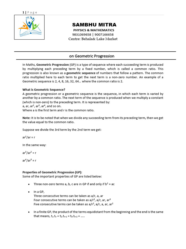 Notes On Geometric Progression Class X | PDF | Number Theory | Arithmetic