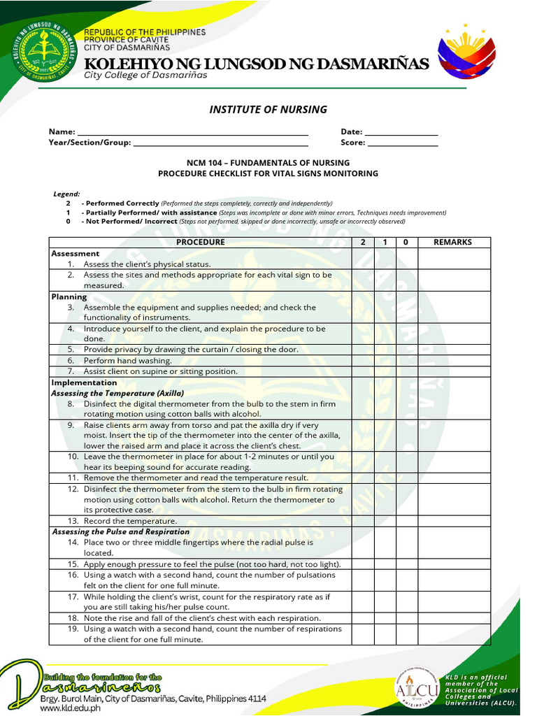 NCM 104 Funda Checklist For Vital Signs Monitoring | PDF | Pulse ...