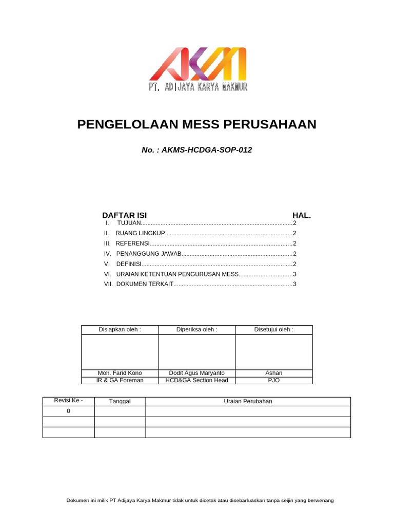 Akms HCD Sop 012 Pengelolaan Mess | PDF