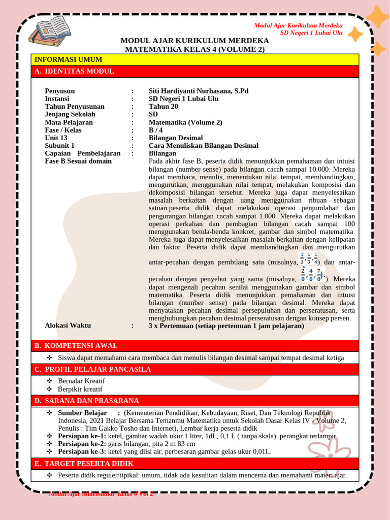 Modul Ajar MTK Unit 13 SD | PDF