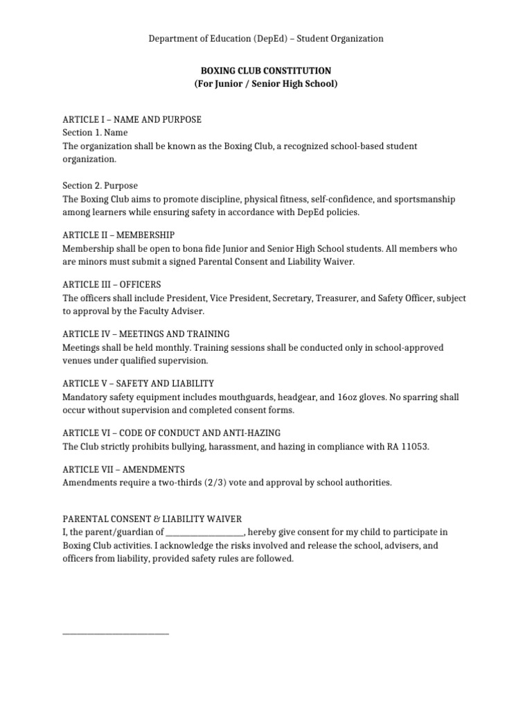 DepEd Boxing Club Constitution | PDF