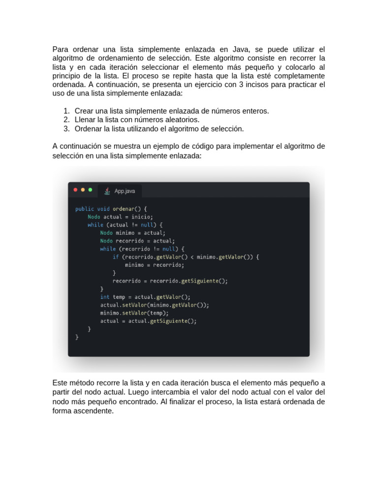 Copia Ordenar Una Lista Simplemente Enlazada en Java | PDF