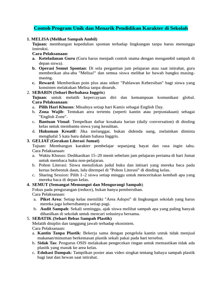 Contoh Program Unik Dan Menarik Pendidikan Karakter Di Sekolah | PDF