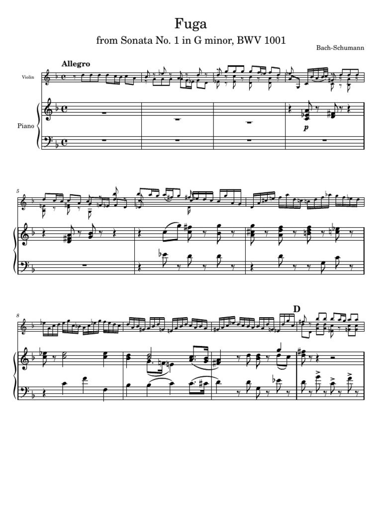 Fuga From Sonata No 1 Bwv 1001 by Bach Schumann for Violin and Piano ...