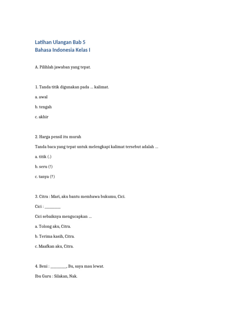 Latihan Ulangan Bab 5 Bahasa Indonesia Kelas 1 | PDF