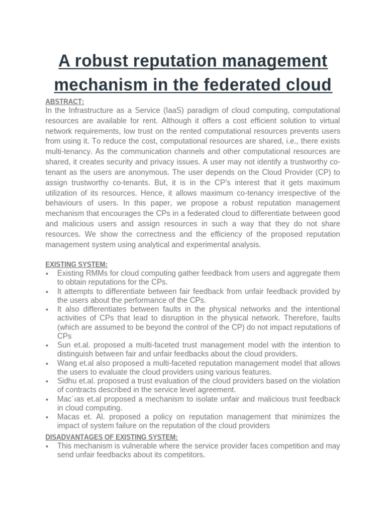 A Robust Reputation Management Mechanism | PDF | Cloud Computing ...