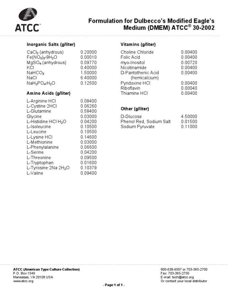DMEM Formulation Guide ATCC 30-2002 | PDF