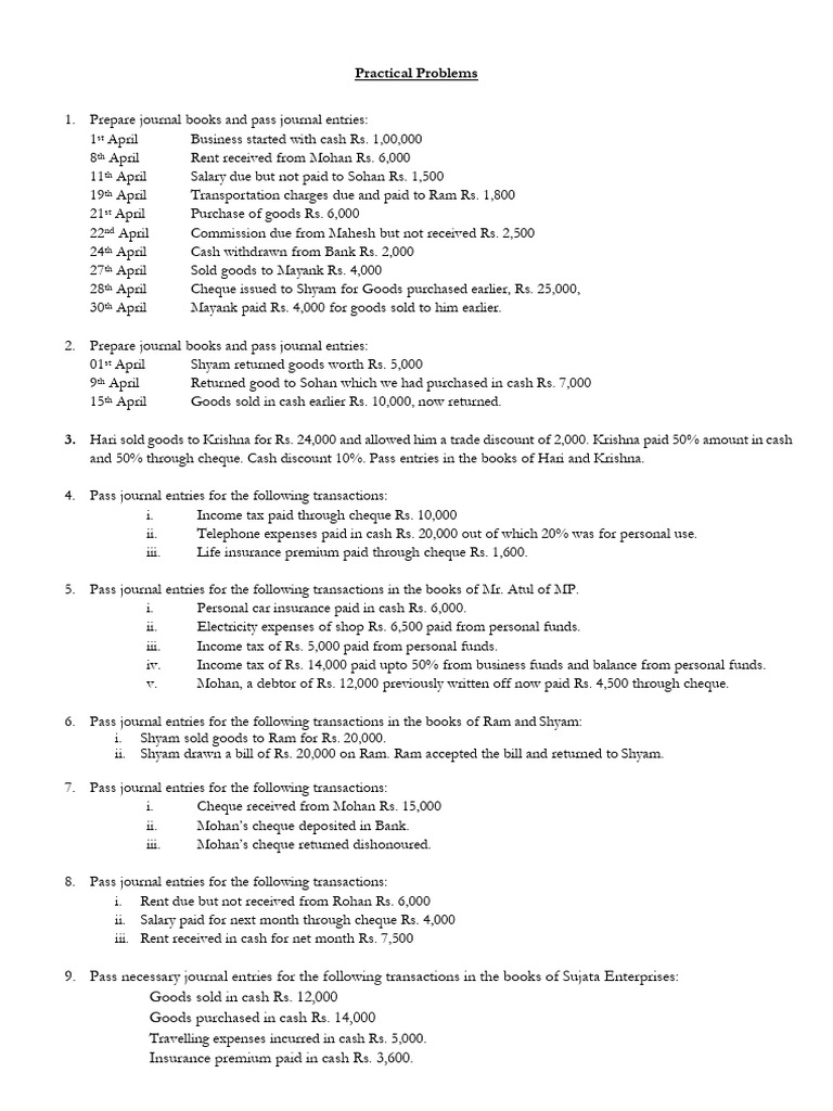 Journal Entries Practice Questions | PDF | Cheque | Payments