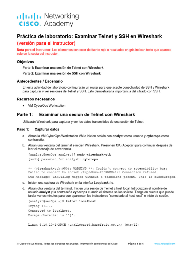 9.1.1.8 Lab - Examining Telnet and SSH in Wireshark - ILM | PDF ...