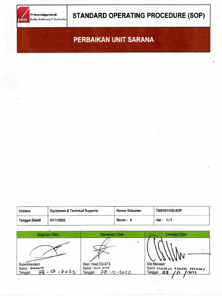 SOP 010 Perbaikan Unit Sarana | PDF