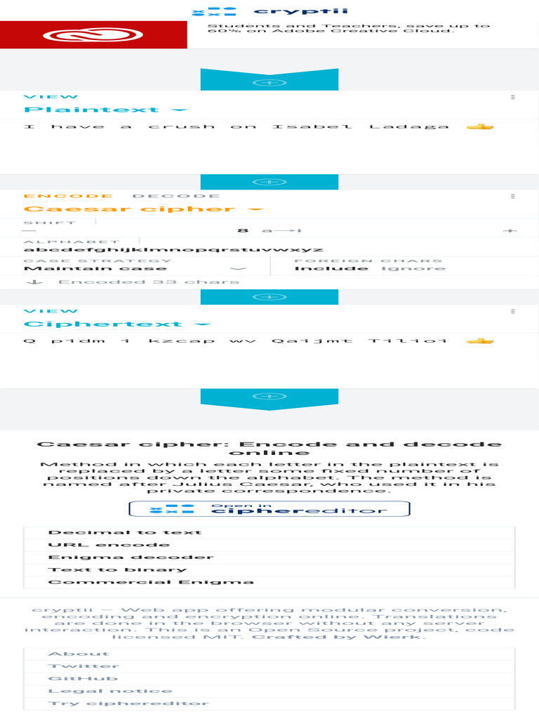 Caesar Cipher Encode and Decode Online - Cryptii | PDF