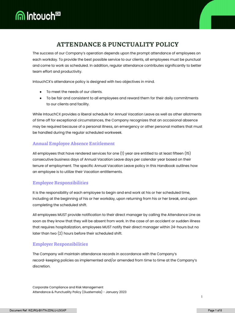 Attendance and Punctuality Policy (Guatemala) | PDF | Employment | Labor