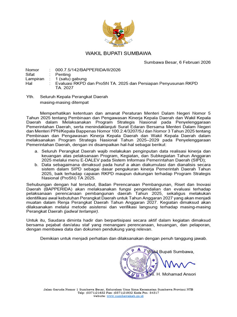 Surat Wakil Bupati (Evaluasi RKPD & ProSN Tahun 2025 & Persiapan ...