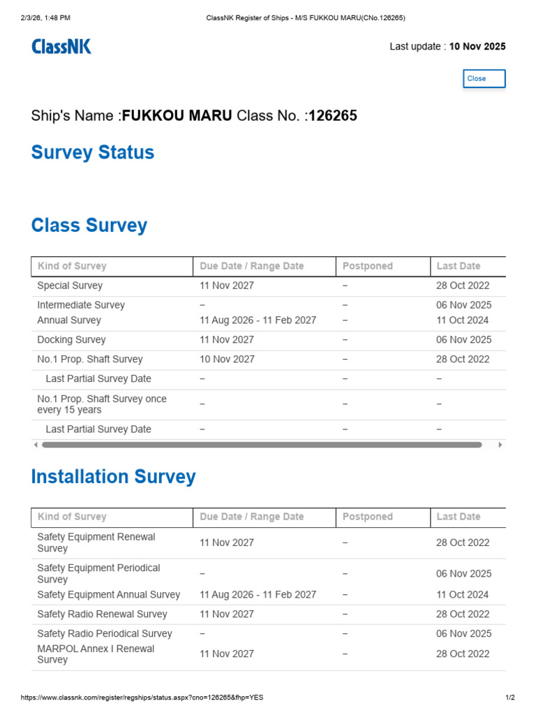 ClassNK Register of Ships - M_S FUKKOU MARU(CNo.126265) Status Survey | PDF