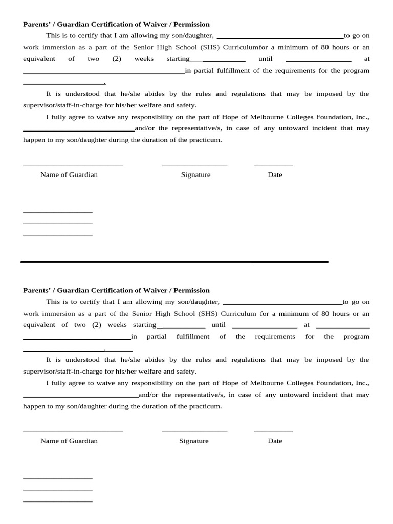 Work Immersion Waiver | PDF