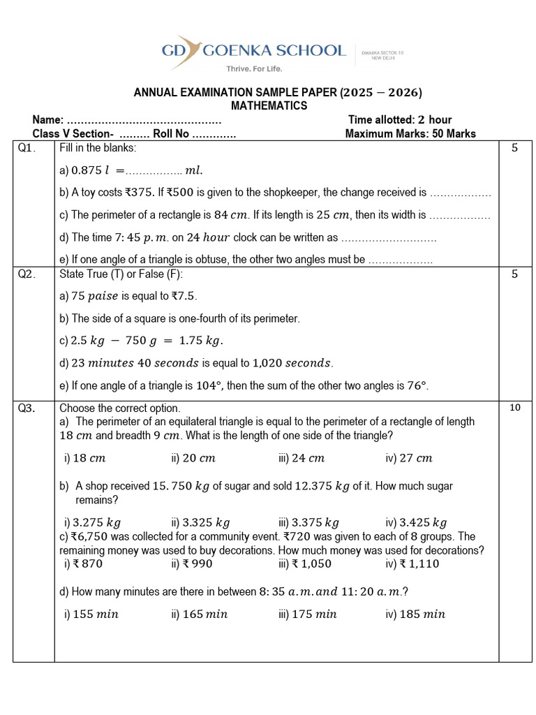 Class V - Maths-Sample Paper - Annual Exam - 2025-2026-1 | PDF ...