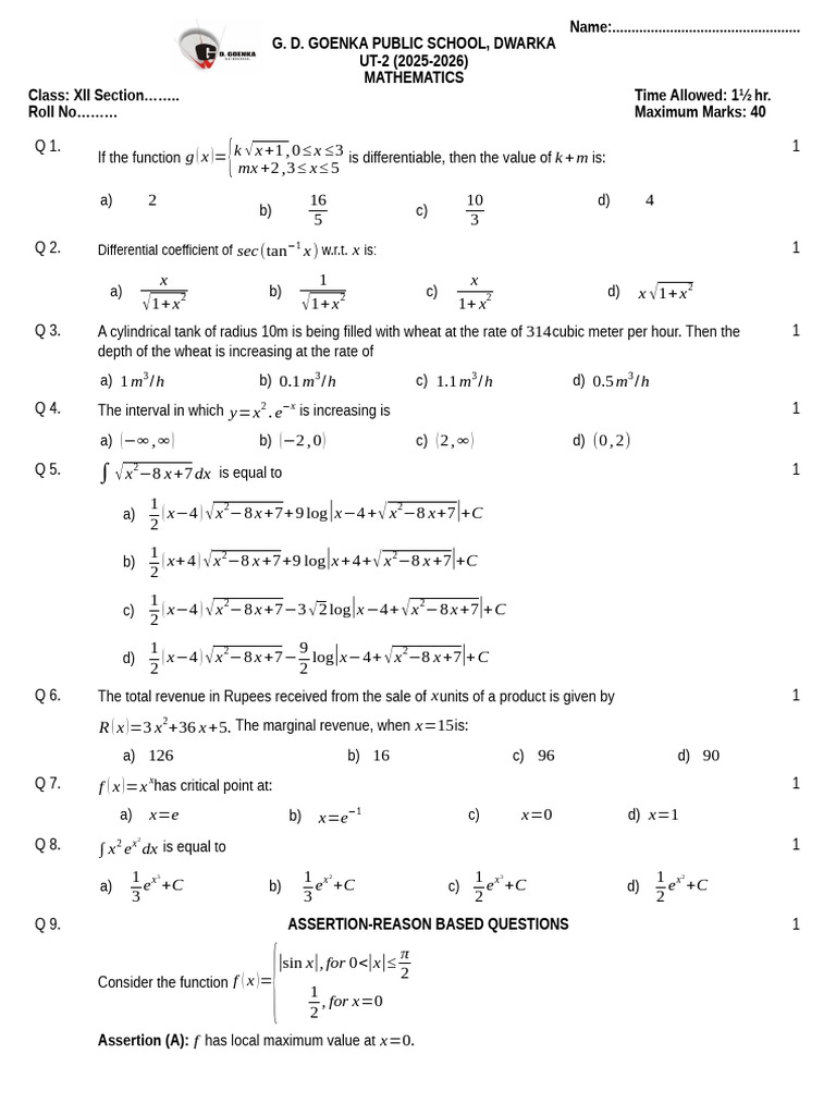 Mathematics-Class-XII UT-2 2025 2026 Yash | PDF | Mathematical Objects ...