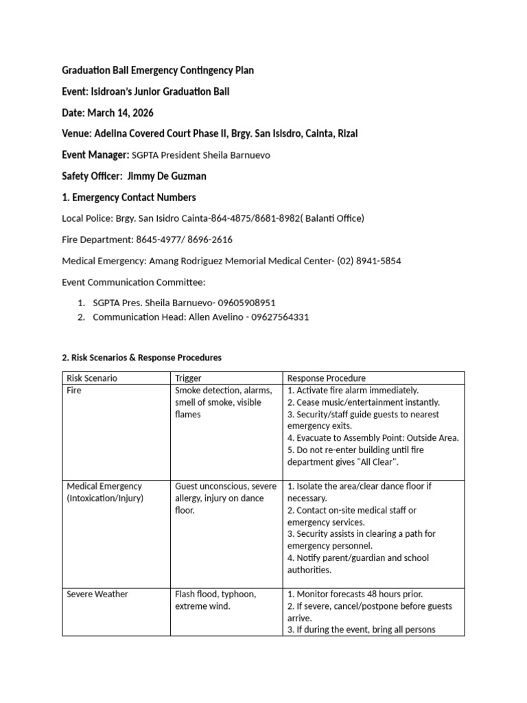 Graduation Ball Emergency Contingency Plan | PDF | Emergency | Safety