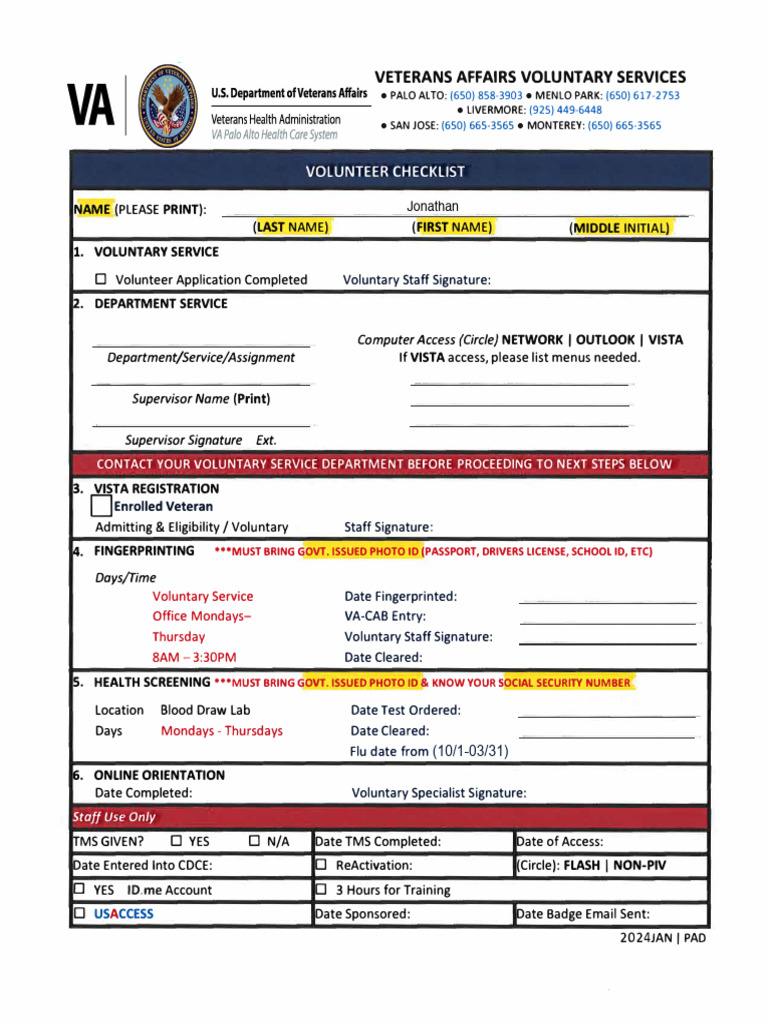 Va New Volunteer Checklist-Aio-2024 | PDF | Veterans Health ...
