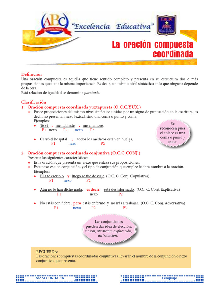 Leccion 29 - 2do - Lenguaje - La Oracion Compuesta Coordinada | PDF ...