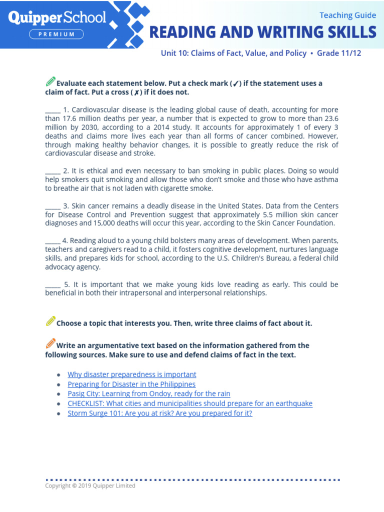 PDF (Texts) RW 11 12 Unit 10 Lesson 1 Claims of Fact Drills | PDF