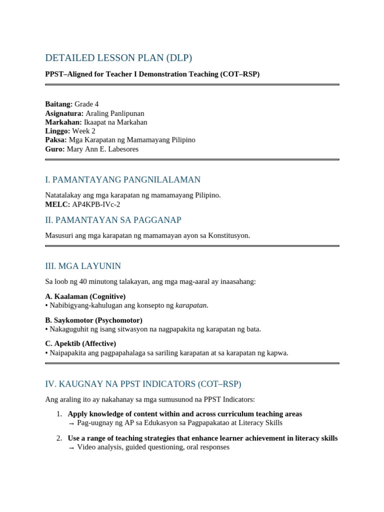 Detailed Lesson Plan - AP Grade 4 (Ppst-Aligned Demo) | PDF