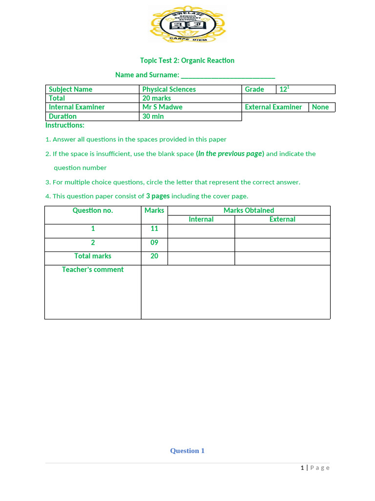 2026 Aj Grade 12 Cl1 Topic Test Organic RXN | PDF | Alkane | Chemical ...