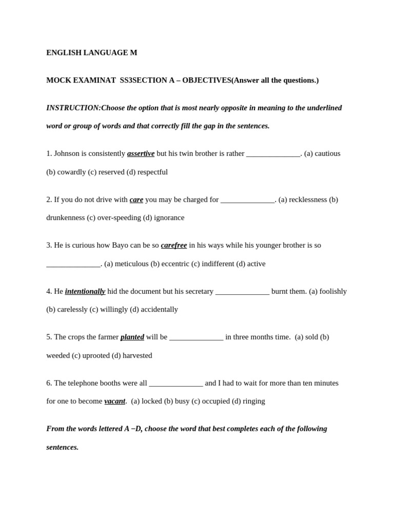 Mock Examination English Language | PDF | Reading Comprehension ...