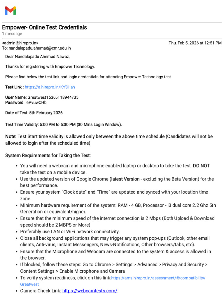 Gmail - Empower - Online Test Credentials | PDF | Computing | Software