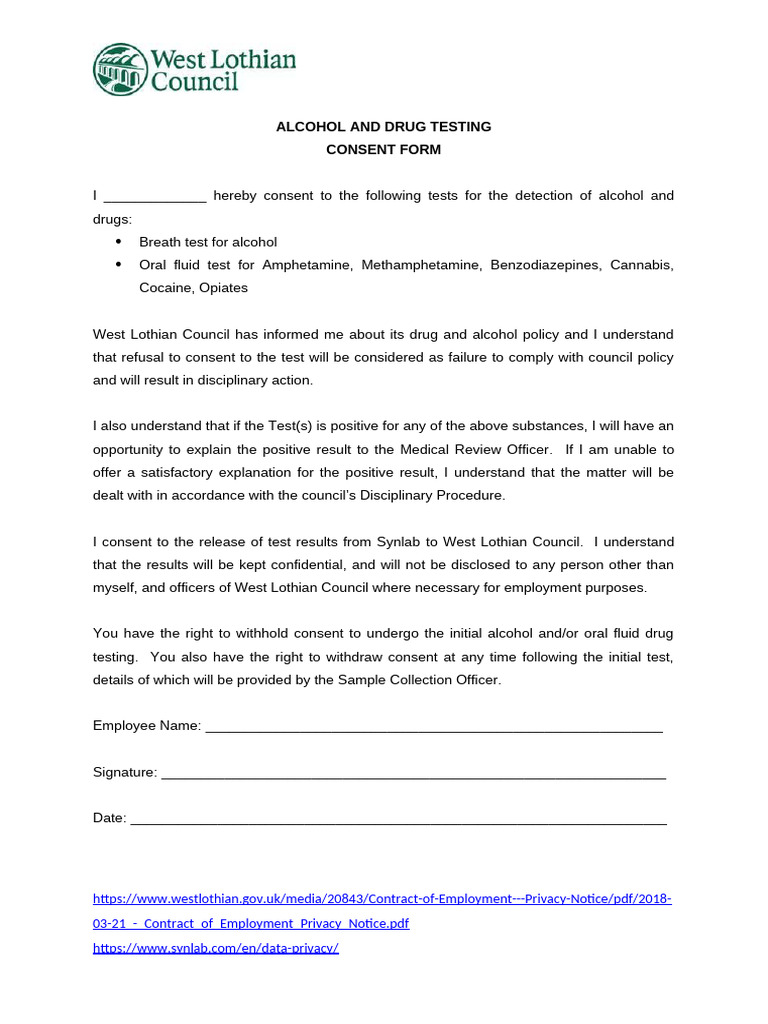 Alcohol and Drug Testing - Consent Form | PDF