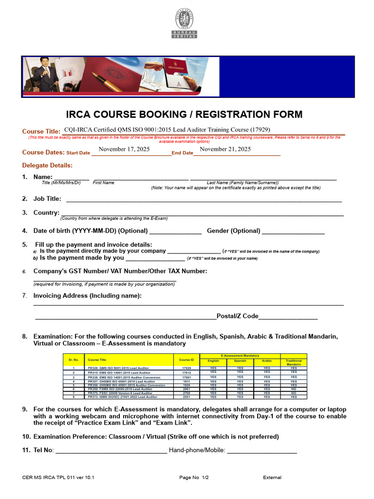 IRCA Course Registration and Pre-requisites Form_1117-21.Docx | PDF