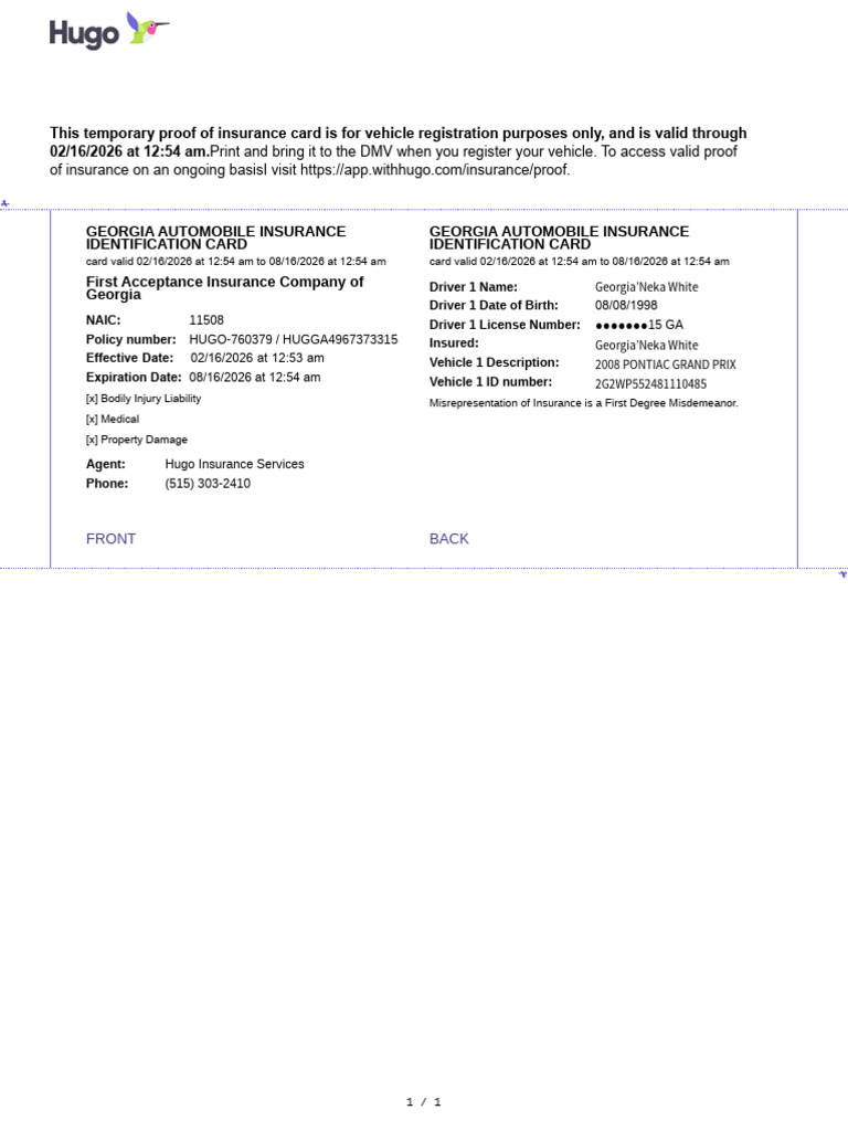 Hugo Temporary Proof of Insurance PDF | PDF