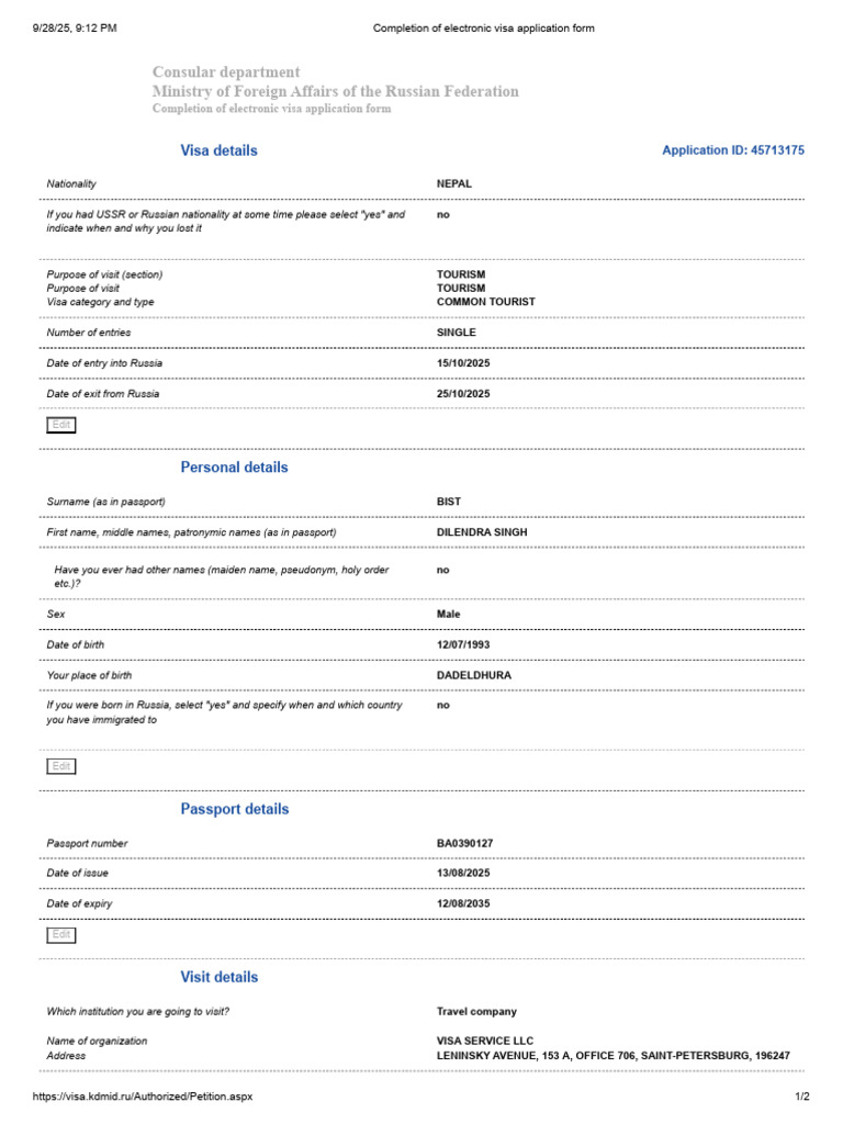 Completion of Electronic Visa Application Form RUSSIA | PDF | Travel ...