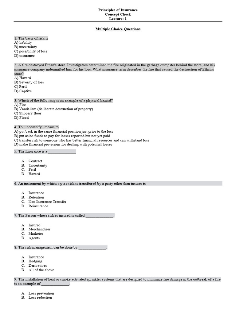 Concept Check 1 | PDF | Insurance | Risk