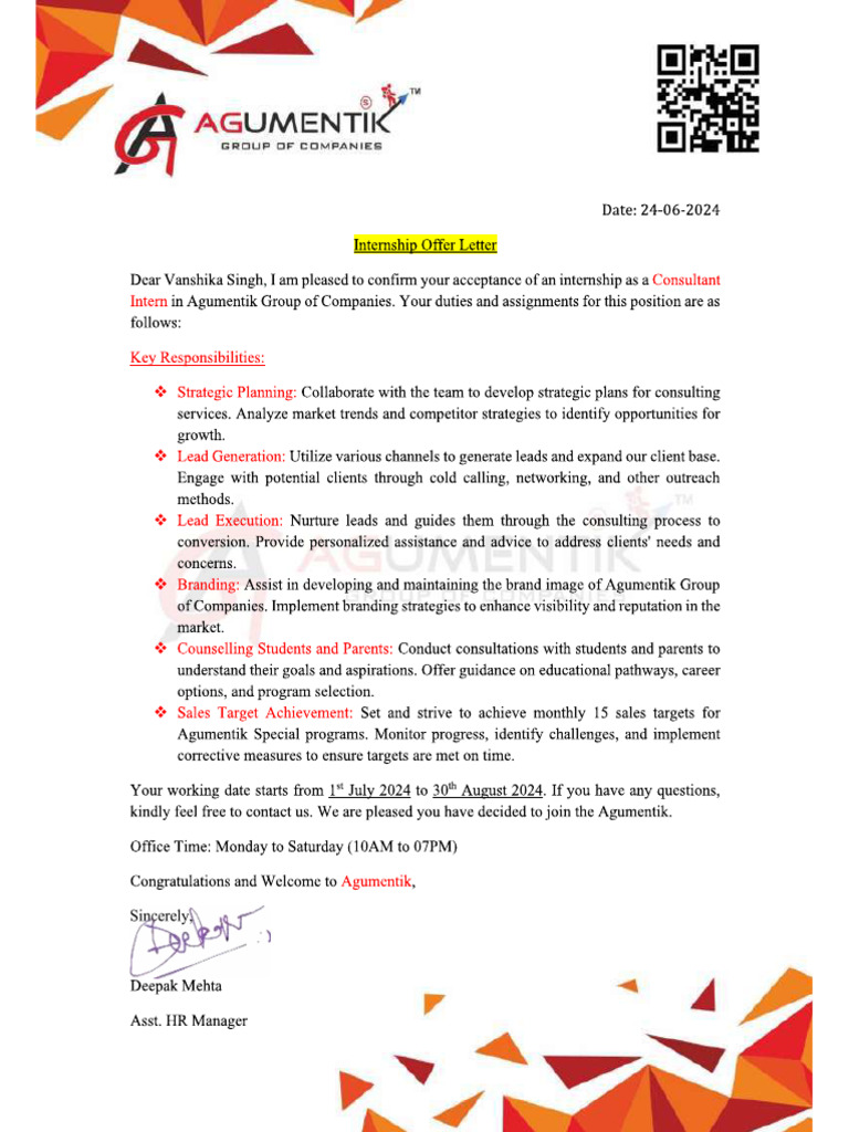 Signed Offer Letter - Vanshika Singh | PDF